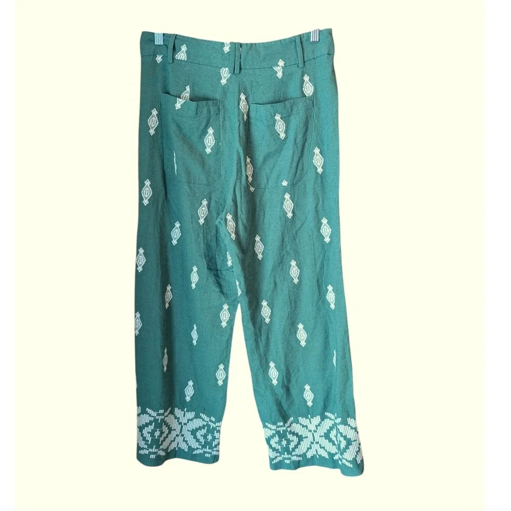 Zara Wide Leg Pants Green Embroidered Linen Blend Women's Size M Embroidered
